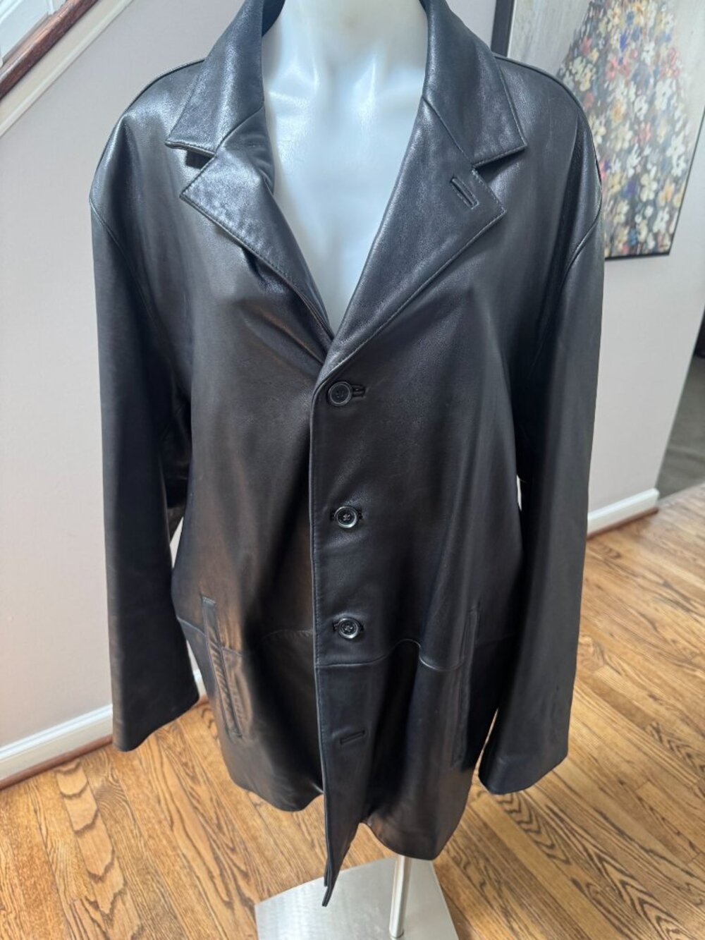 Andrew MARC NEW YORK Black Leather Long Blazer Jacket Coat Size Large